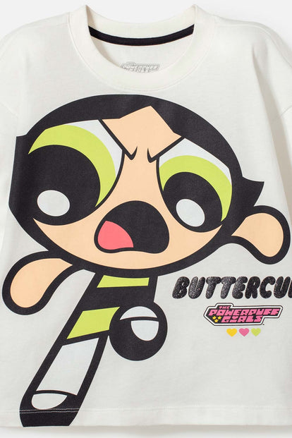 POLERA DE LAS CHICAS SUPERPODEROSAS MARFIL MANGA CORTA PARA NIÑA