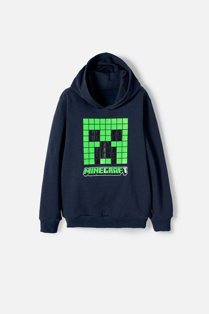POLERON DE MINECRAFT CON CAPUCHA AZUL OSCURO PARA NIÑO