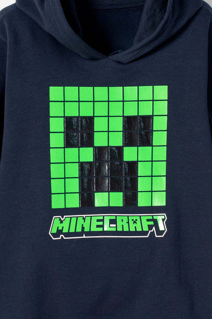POLERON DE MINECRAFT CON CAPUCHA AZUL OSCURO PARA NIÑO