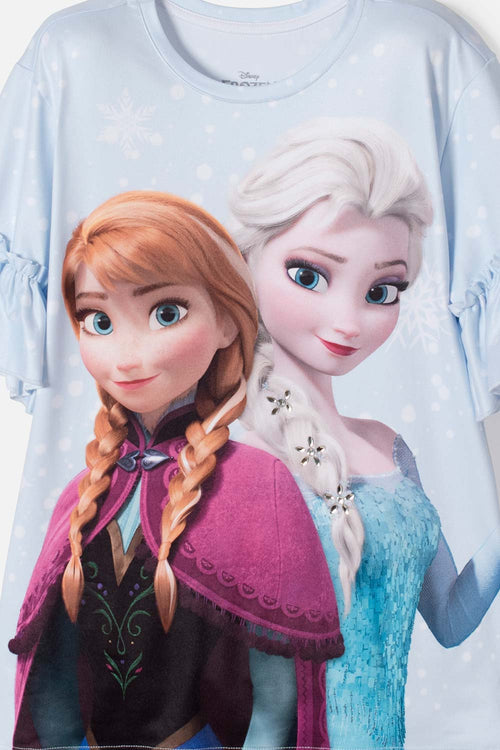 POLERA DE FROZEN MANGA CORTA AZUL CIELO PARA NIÑA