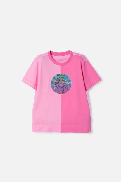 POLERA DE BARBIE MANGA CORTA ROSADO PARA NIÑA