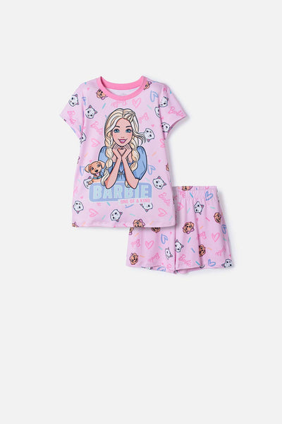 PIJAMA DE BARBIE MANGA CORTA ROSADA PARA NIÑA