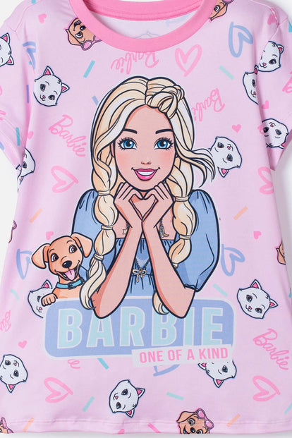 PIJAMA DE BARBIE MANGA CORTA ROSADA PARA NIÑA