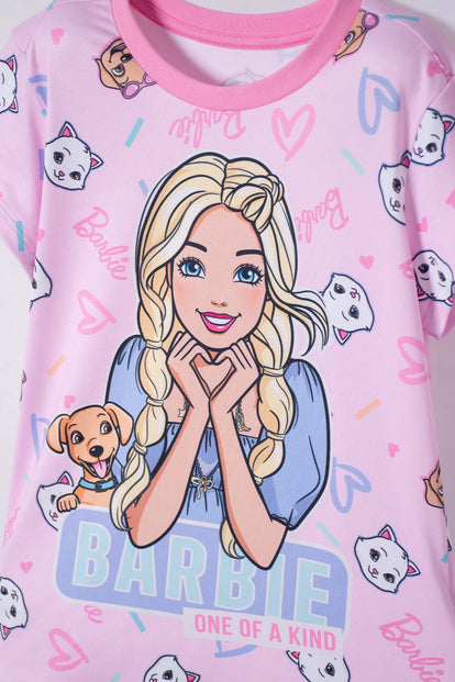 PIJAMA DE BARBIE MANGA CORTA ROSADA PARA NIÑA