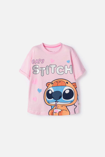 POLERA DE STITCH Y CAPYBARA MANGA CORTA ROSADA PARA NIÑA