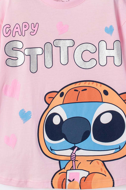 POLERA DE STITCH Y CAPYBARA MANGA CORTA ROSADA PARA NIÑA
