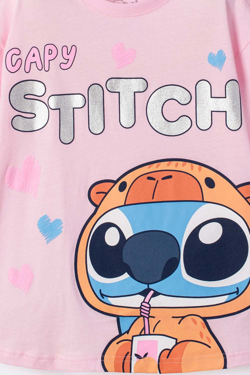 POLERA DE STITCH Y CAPYBARA MANGA CORTA ROSADA PARA NIÑA