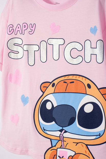 POLERA DE STITCH Y CAPYBARA MANGA CORTA ROSADA PARA NIÑA