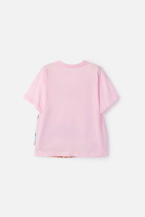 POLERA DE STITCH Y CAPYBARA MANGA CORTA ROSADA PARA NIÑA