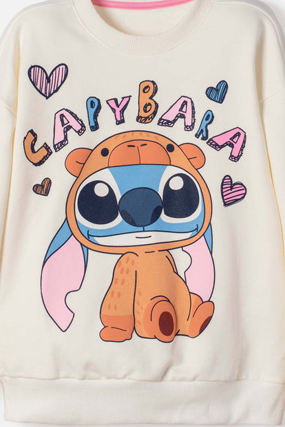 POLERON DE STITCH Y CAPYBARA CERRADO MARFIL PARA NIÑA