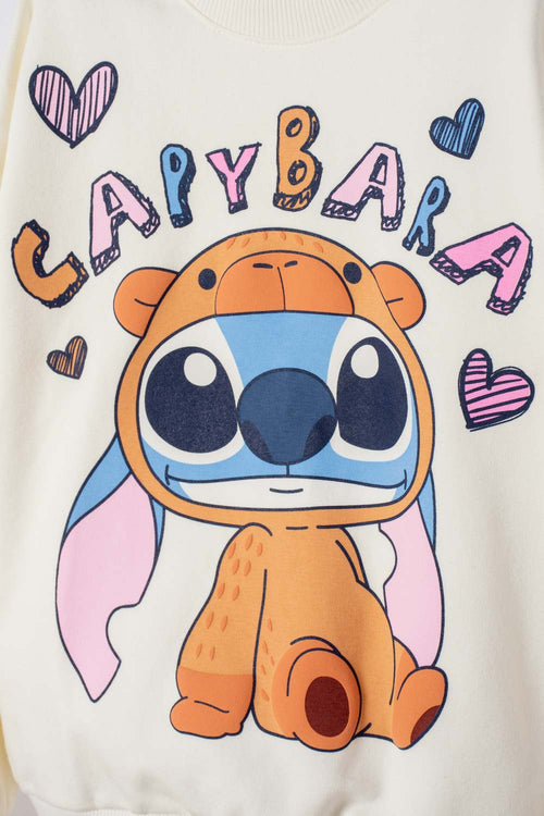 POLERON DE STITCH Y CAPYBARA CERRADO MARFIL PARA NIÑA