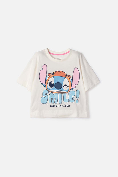 POLERA DE STITCH Y CAPYBARA MANGA CORTA MARFIL PARA NIÑA