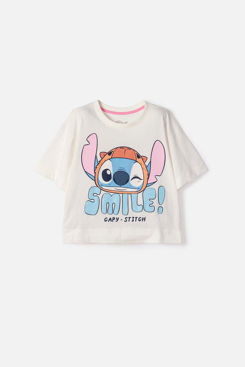 POLERA DE STITCH Y CAPYBARA MANGA CORTA MARFIL PARA NIÑA