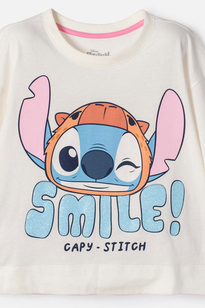 POLERA DE STITCH Y CAPYBARA MANGA CORTA MARFIL PARA NIÑA
