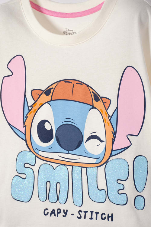 POLERA DE STITCH Y CAPYBARA MANGA CORTA MARFIL PARA NIÑA