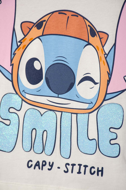 POLERA DE STITCH Y CAPYBARA MANGA CORTA MARFIL PARA NIÑA