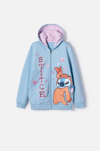 POLERON DE STITCH Y CAPYBARA CON CAPUCHA AZUL PARA NIÑA