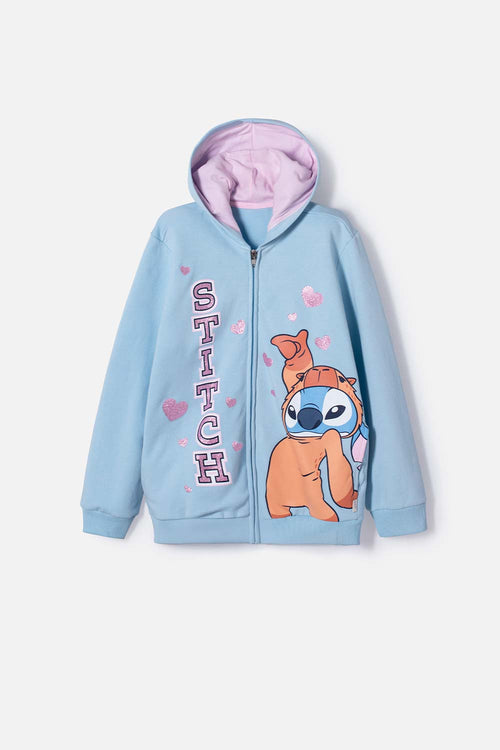 POLERON DE STITCH Y CAPYBARA CON CAPUCHA AZUL PARA NIÑA
