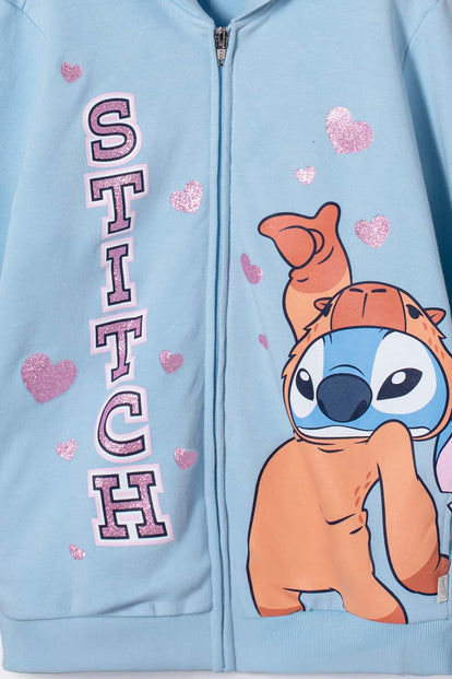 POLERON DE STITCH Y CAPYBARA CON CAPUCHA AZUL PARA NIÑA