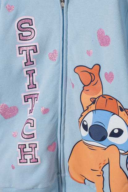 POLERON DE STITCH Y CAPYBARA CON CAPUCHA AZUL PARA NIÑA