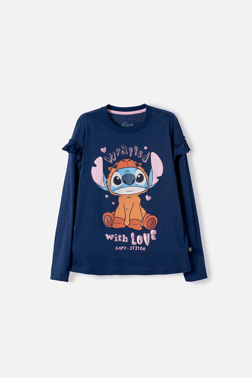 POLERA DE STITCH Y CAPYBARA MANGA LARGA AZUL PARA NIÑA