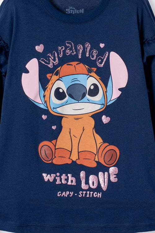 POLERA DE STITCH Y CAPYBARA MANGA LARGA AZUL PARA NIÑA