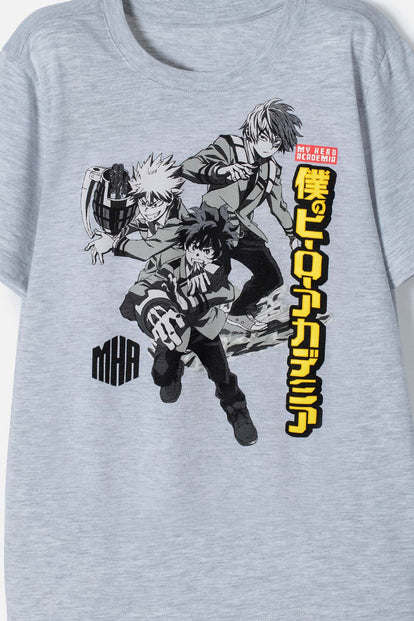 POLERA DE MY HERO ACADEMIA MANGA CORTA GRIS PARA NIÑO