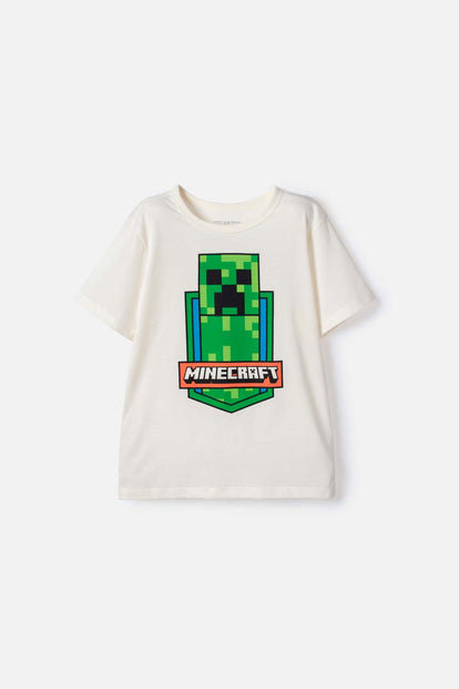 POLERA DE MINECRAFT MANGA CORTA MARFIL PARA NIÑO