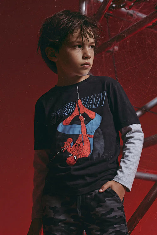 POLERA DE SPIDERMAN MANGA LARGA NEGRO PARA NIÑO
