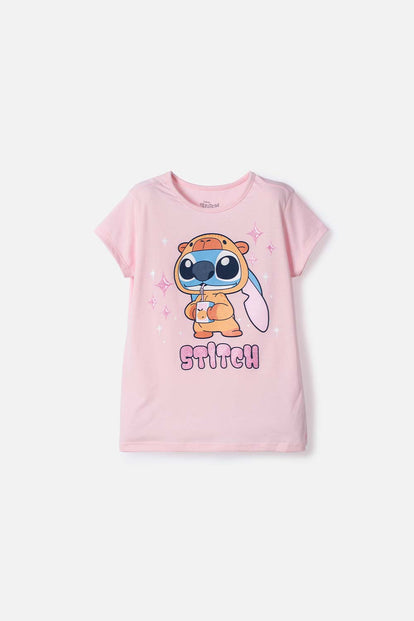 POLERA DE STITCH Y CAPYBARA MANGA CORTA ROSADO PARA NIÑA