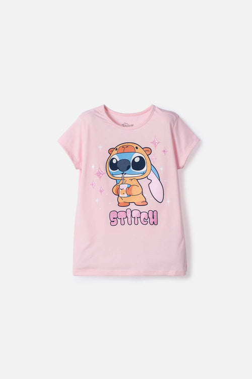 POLERA DE STITCH Y CAPYBARA MANGA CORTA ROSADO PARA NIÑA