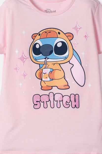 POLERA DE STITCH Y CAPYBARA MANGA CORTA ROSADO PARA NIÑA