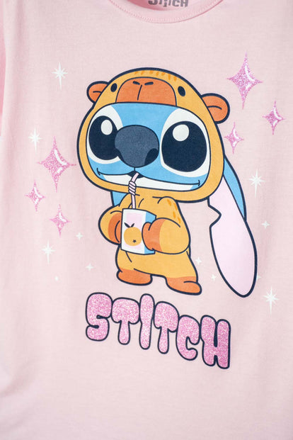 POLERA DE STITCH Y CAPYBARA MANGA CORTA ROSADO PARA NIÑA