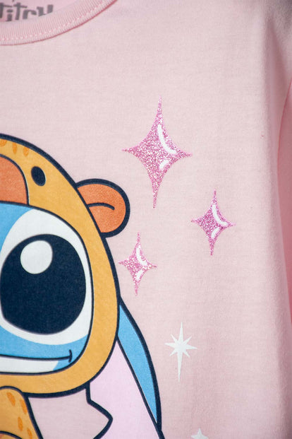 POLERA DE STITCH Y CAPYBARA MANGA CORTA ROSADO PARA NIÑA
