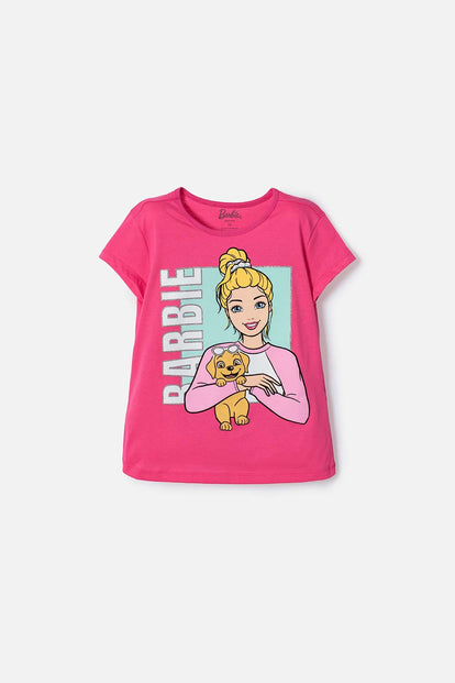 POLERA DE BARBIE MANGA CORTA ROSADA PARA NIÑA