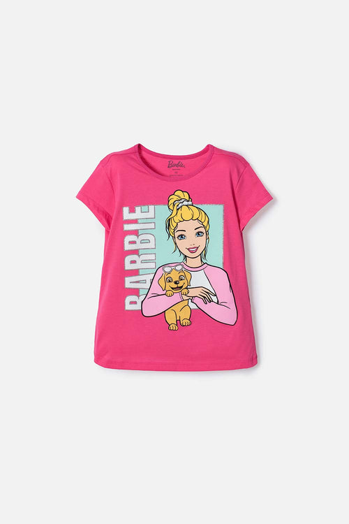POLERA DE BARBIE MANGA CORTA ROSADA PARA NIÑA
