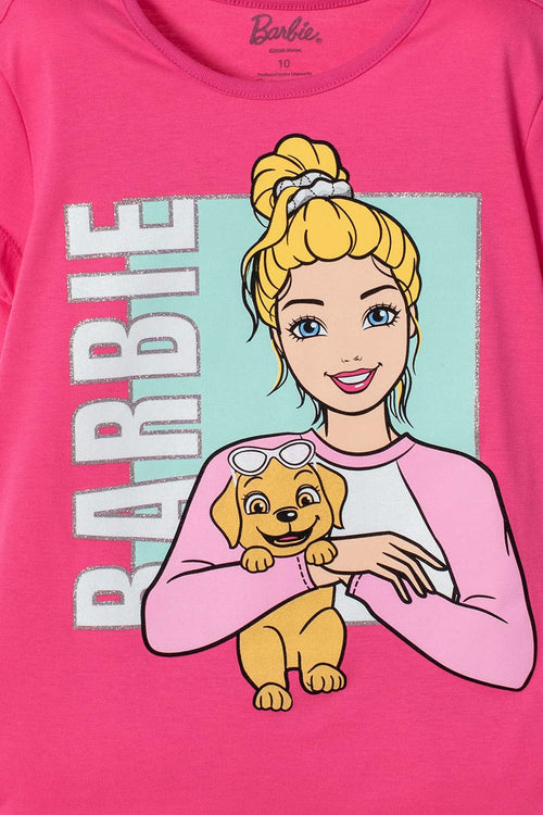 POLERA DE BARBIE MANGA CORTA ROSADA PARA NIÑA