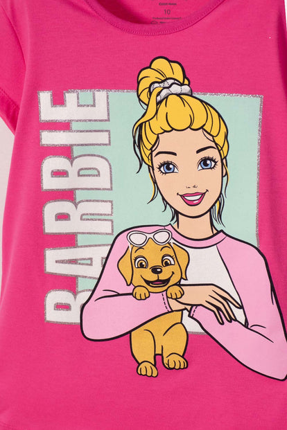 POLERA DE BARBIE MANGA CORTA ROSADA PARA NIÑA