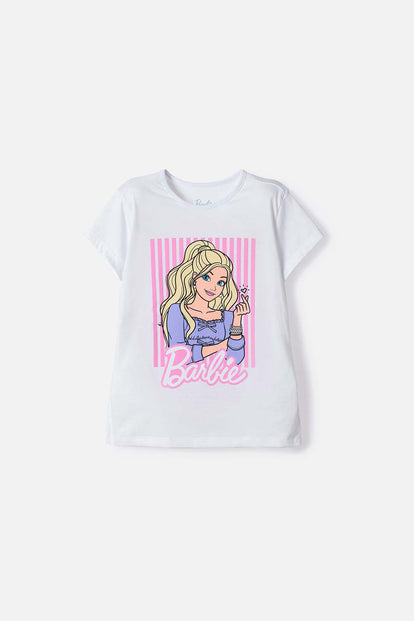 POLERA DE BARBIE MANGA CORTA BLANCO PARA NIÑA