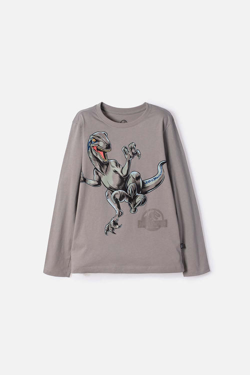POLERA DE JURASSIC WORLD MANGA LARGA GRIS HUMO PARA NIÑO