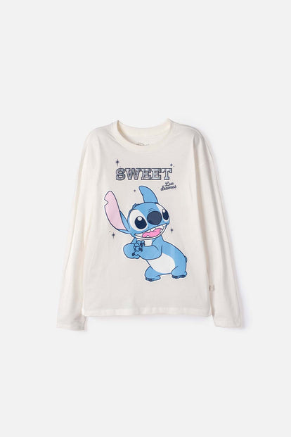 POLERA  DE LILO Y STITCH MANGA LARGA MARFIL PARA NIÑA