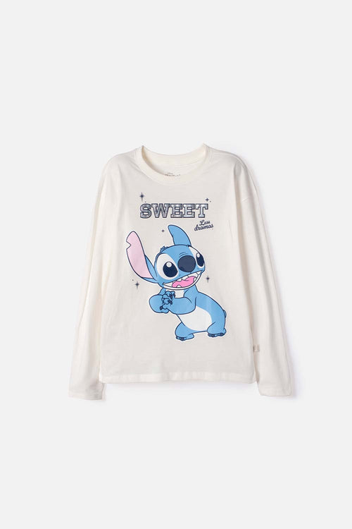 POLERA  DE LILO Y STITCH MANGA LARGA MARFIL PARA NIÑA