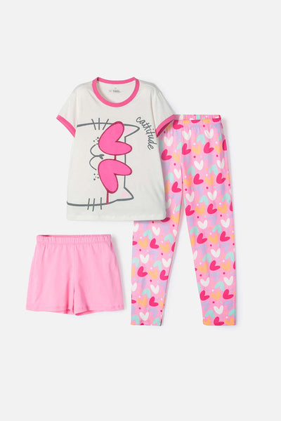 PIJAMA DE MIC 3 PIEZAS MARFIL Y ROSADO PARA NIÑA