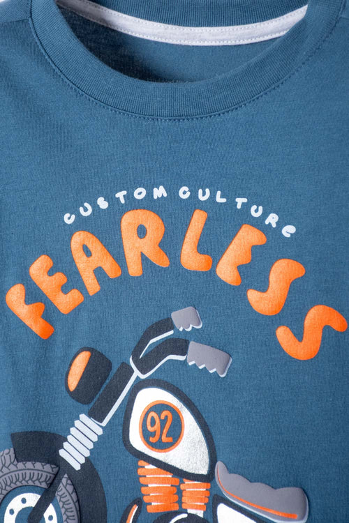 POLERA LITTLEMIC AZUL Y GRIS ESTAMPADA EN FRENTE PARA NIÑO 2T A 5T