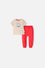 CONJUNTO LITTLEMIC CAQUI Y ROJO ESTAMPADO EN FRENTE PARA BEBÉ NIÑO
