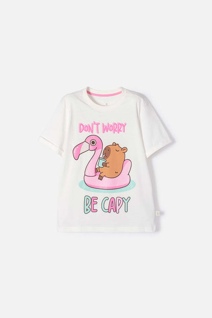 POLERA DE CAPYBARA MARFIL ESTAMPADA EN FRENTE PARA NIÑA