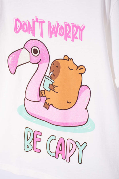 POLERA DE CAPYBARA MARFIL ESTAMPADA EN FRENTE PARA NIÑA