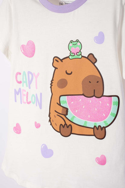 PIJAMA DE CAPYBARA LILA Y BLANCA DE PANTALÓN LARGO PARA NIÑA